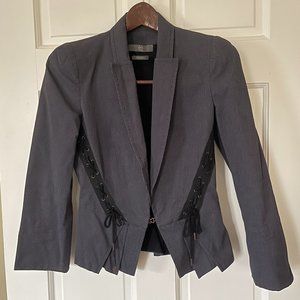 Alexander McQueen Navy Blue + White Pinstripe Fitted Cotton Blazer Jacket Sz 40